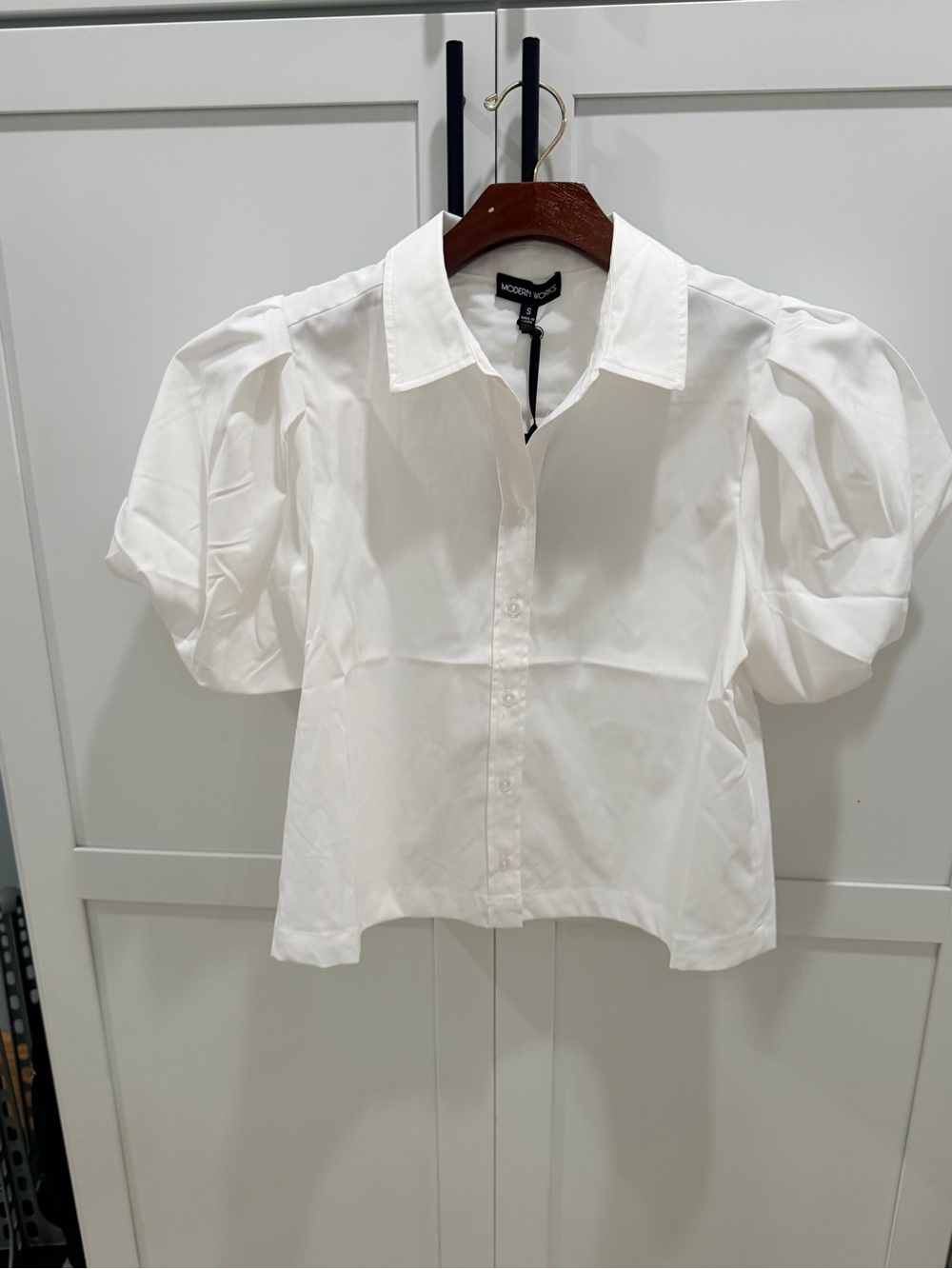 Modern Works White Puff Sleeve Button Down Blouse S NWT